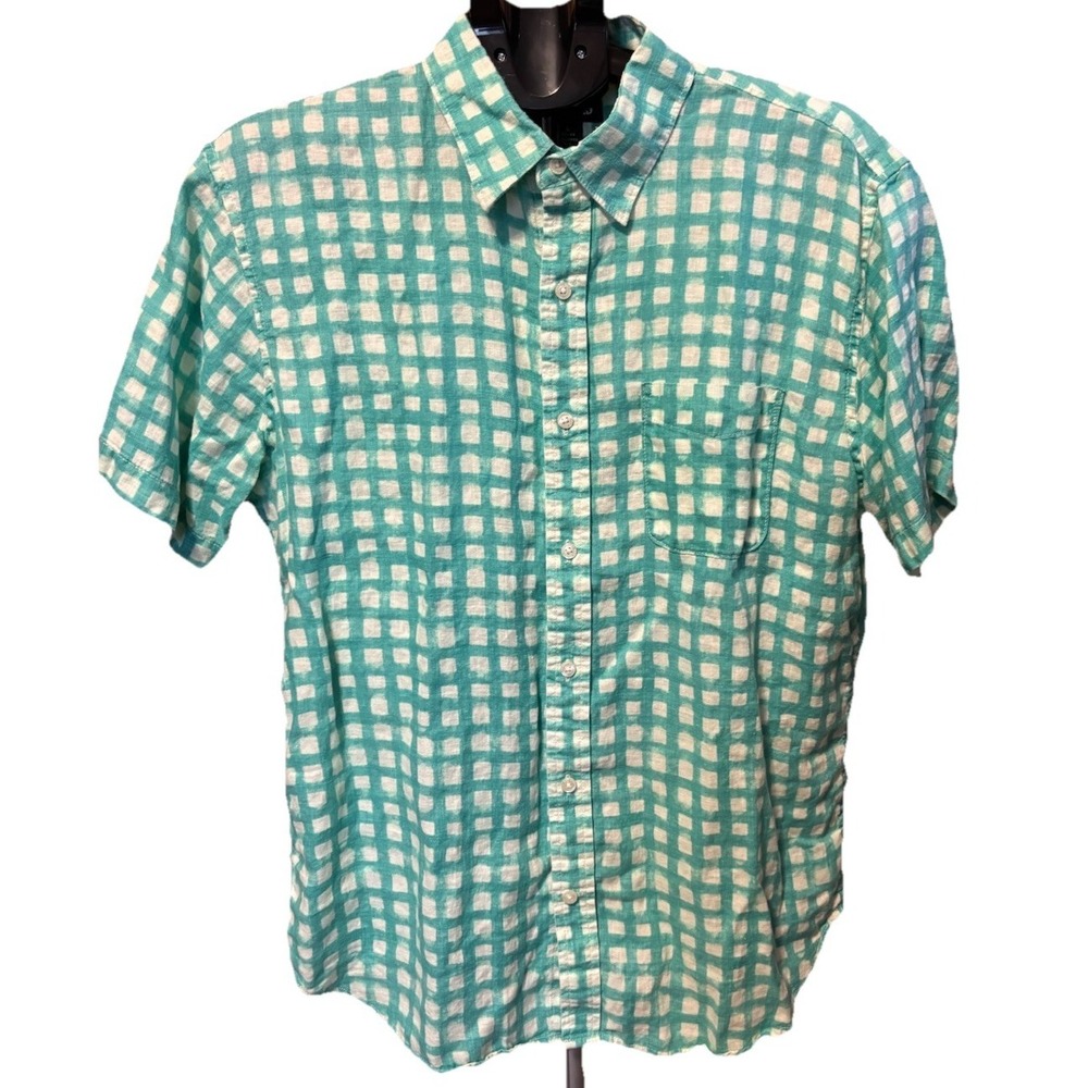 Lands End Mens L (42/44)‎ Linen Green White Gingham Plaid Short Sleeve Shirt